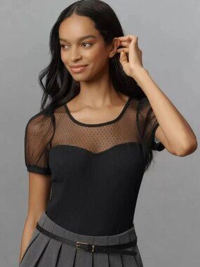 Anthropologie Maeve Sheer Yoke Sweetheart Top, Black Onyx, XXS